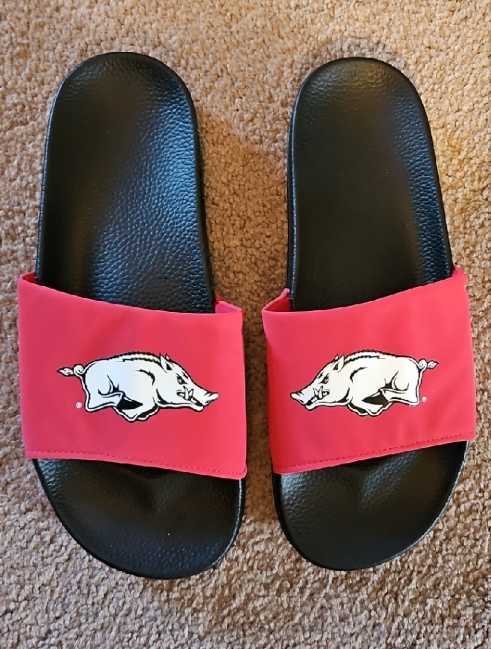 Women's Red Slide Sandals with White Razorback Graphic